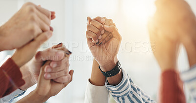 Buy stock photo Business people, support or holding hands in office, team building or cooperation. Group, closeup or employees in workplace, motivation or synergy with collaboration, agreement and partnership
