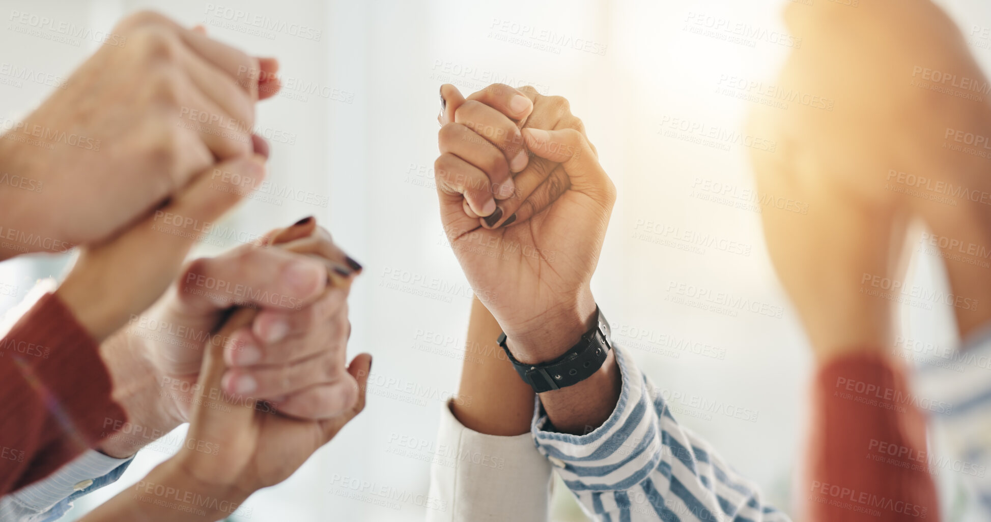 Buy stock photo Business people, support or holding hands in office, team building or cooperation. Group, closeup or employees in workplace, motivation or synergy with collaboration, agreement and partnership