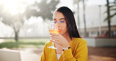 Buy stock photo Digital nomad, cocktail and woman with laptop in park for feedback, online review or tourism blog. Outdoor, drink or freelancer with technology for remote work or research for travel or hospitality