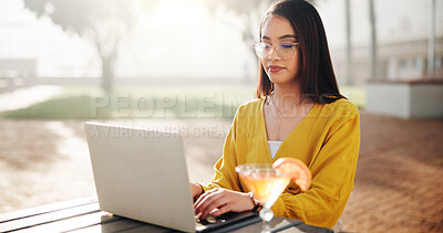 Buy stock photo Freelancer, cocktail and woman with laptop in park for feedback, online review or tourism blog. Outdoor, drink or digital nomad typing on technology for remote work or research for travel hospitality