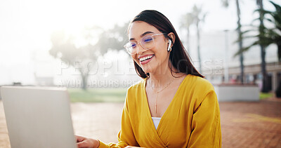 Buy stock photo Explain, laptop and smile with travel influencer at holiday destination for location review. Computer, content creation and video streaming with happy woman outdoor for feedback, tourism or vacation