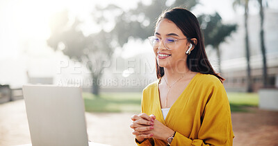 Buy stock photo Outdoor, video call and woman with laptop, online meeting and hands together with creative project. Person, copywriting or freelancer with computer, internet and communication with editor or feedback