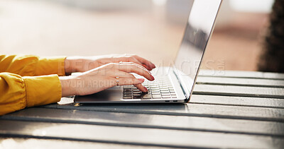 Buy stock photo Hands, woman and typing on laptop outdoor for research, reading email and proofreading article. Journalist, remote work and pc for story planning, post schedule and information with news publication