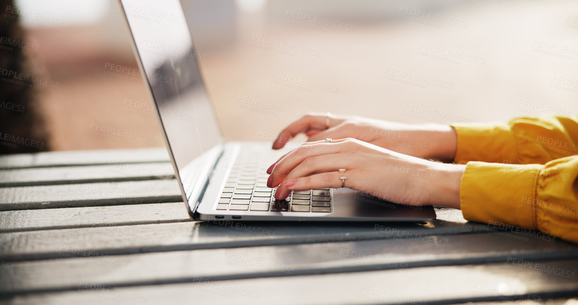 Buy stock photo Typing, online or hands with laptop, remote work or copywriter with article on website or creative. Freelancer, copywriting or person with tech for email marketing, research or newsletter at keyboard