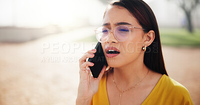 Buy stock photo Phone call, stress and woman outdoor with communication for bad news, breakup or argument. Cellphone, upset and female person on mobile conversation for relationship problem in nature with space.
