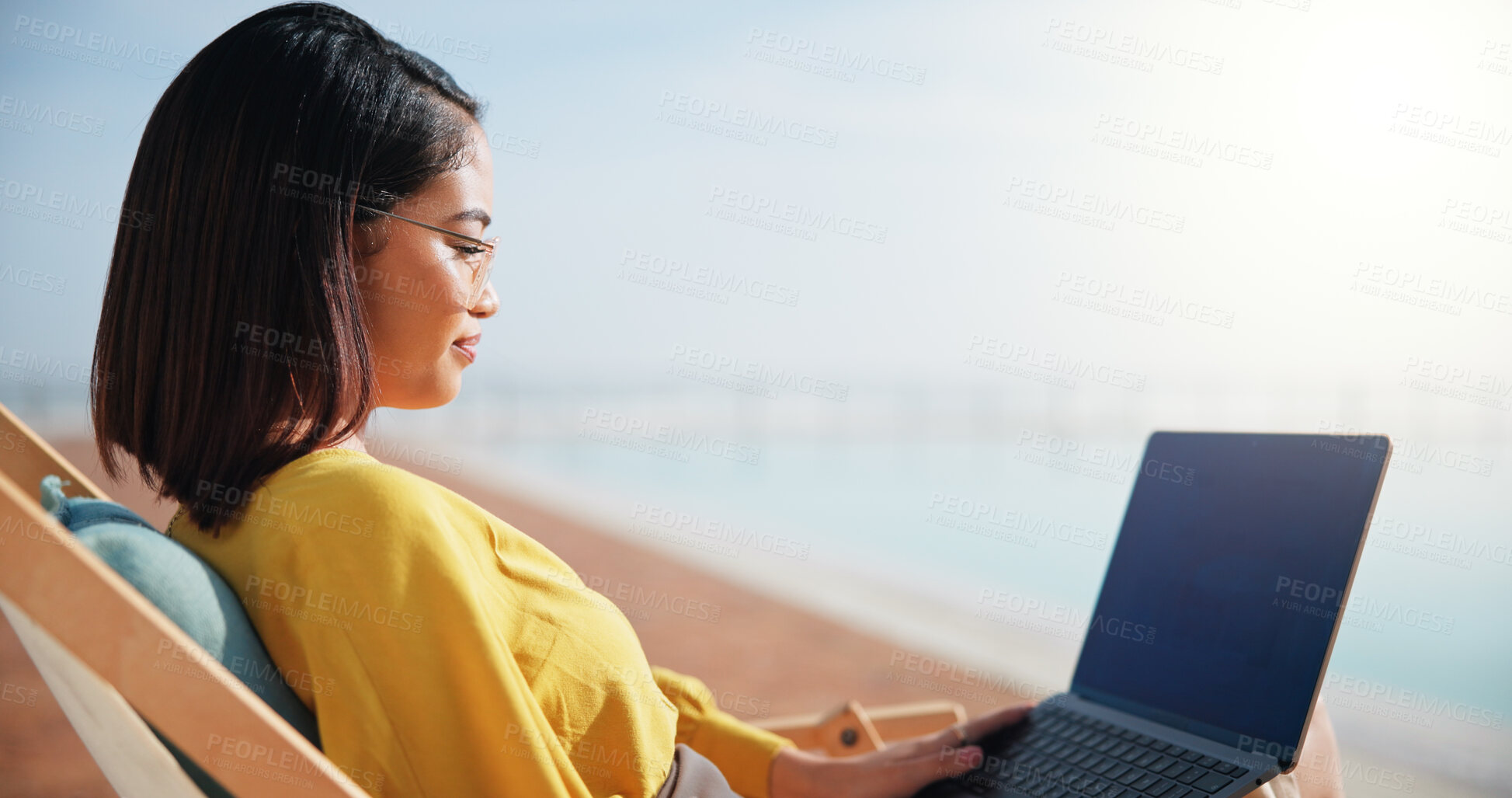 Buy stock photo Freelancer, relax and woman with laptop in hotel for feedback, online review or tourism blog. Outdoor, screen or digital nomad typing on technology for remote work or space for travel hospitality