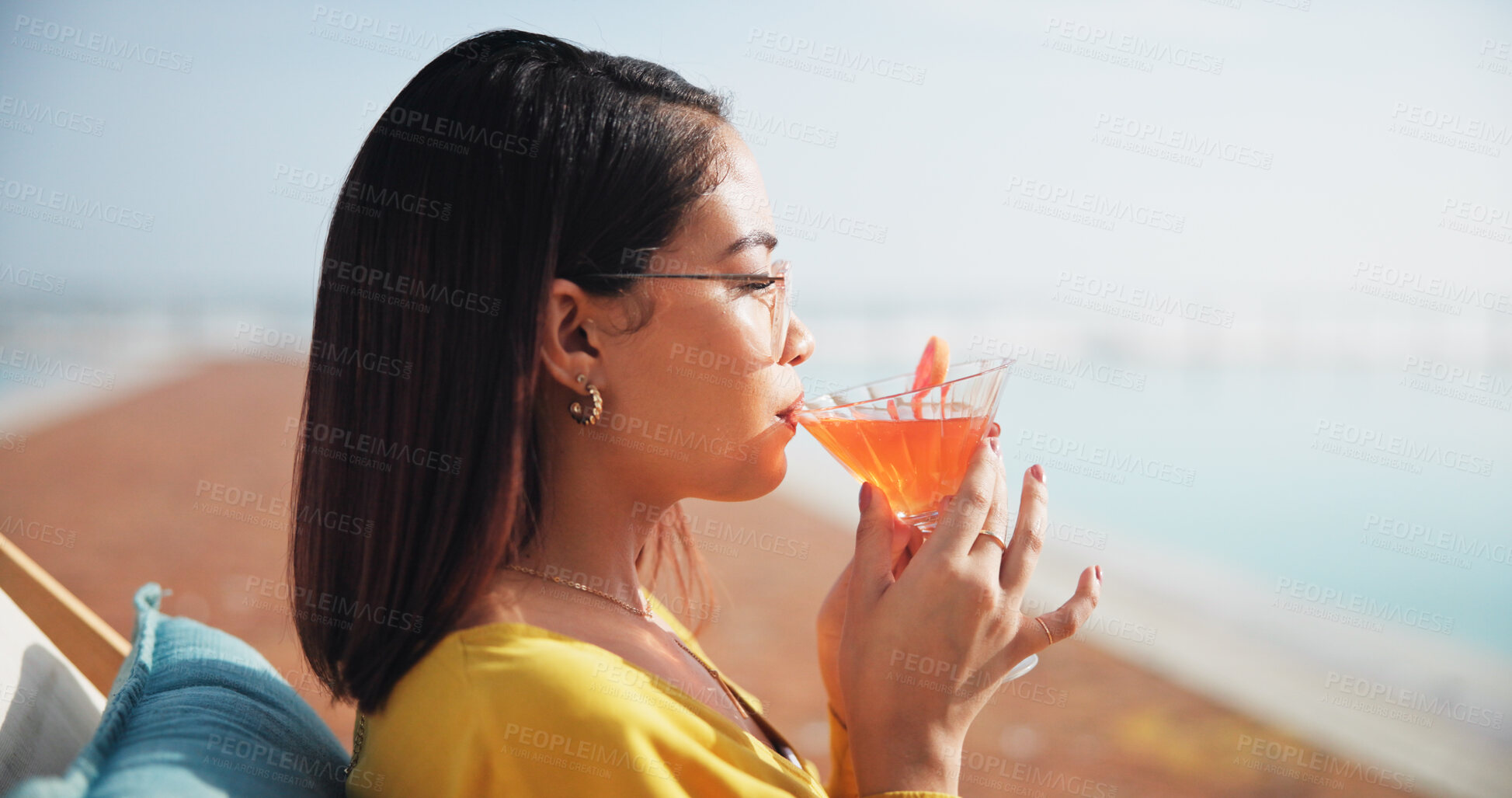 Buy stock photo Swimming pool, relax and woman with cocktail, vacation and travel with weekend break. Outdoor, tourism and person with alcohol, drinking and summer holiday with wellness, resort and luxury hotel