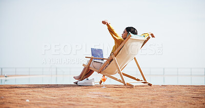 Buy stock photo Outdoor, stretching or woman with laptop in resort for freelance, online review or tourism blog. Finish, done or digital nomad with technology for complete remote work, break or travel space to relax