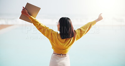 Buy stock photo Back, woman and stretching with laptop outdoor for freedom, remote work and article success. Smile, female person and pc on holiday for inspiration, travel celebration and publication achievement