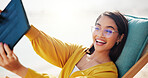 Selfie, smile and tablet with woman outdoor on chair for social media post or update in summer. Excited, photography and profile picture with happy influencer online for memories or wellness