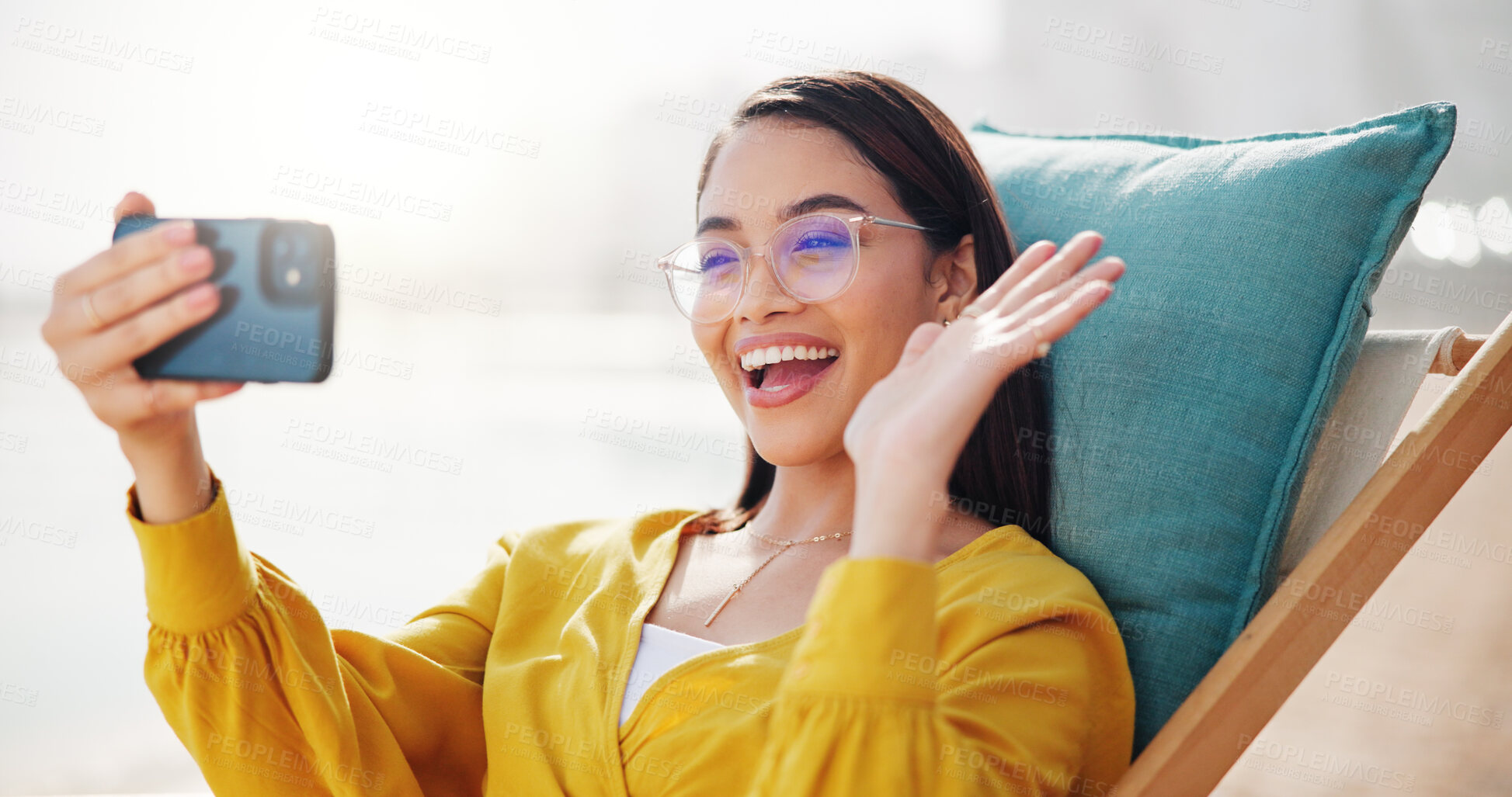 Buy stock photo Business woman, video call and outdoor for wave, networking and speaking with contact. Technology, cellphone and female consultant with hello for vacation, talking and conversation with hand gesture