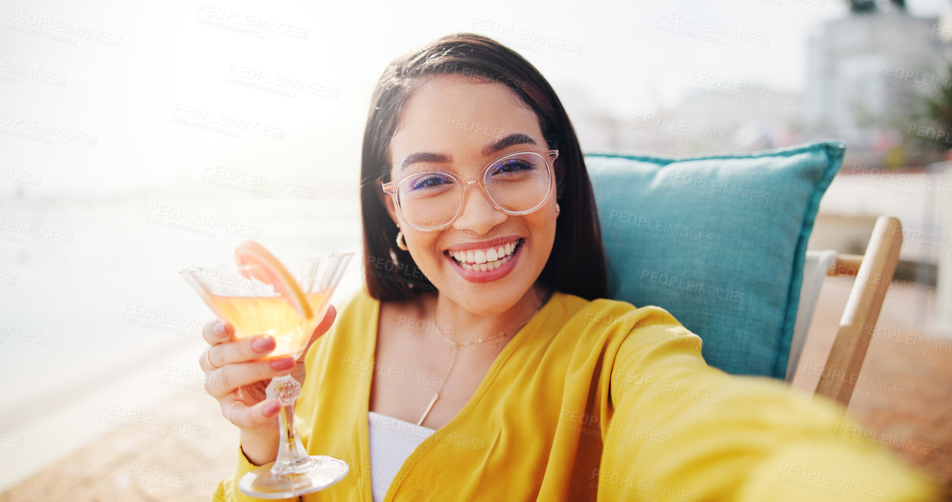 Buy stock photo Portrait, selfie and woman with alcohol on vacation, smile or photography of summer break or travel. Happy, traveller and person with cocktail on holiday, picture and memory of trip in California