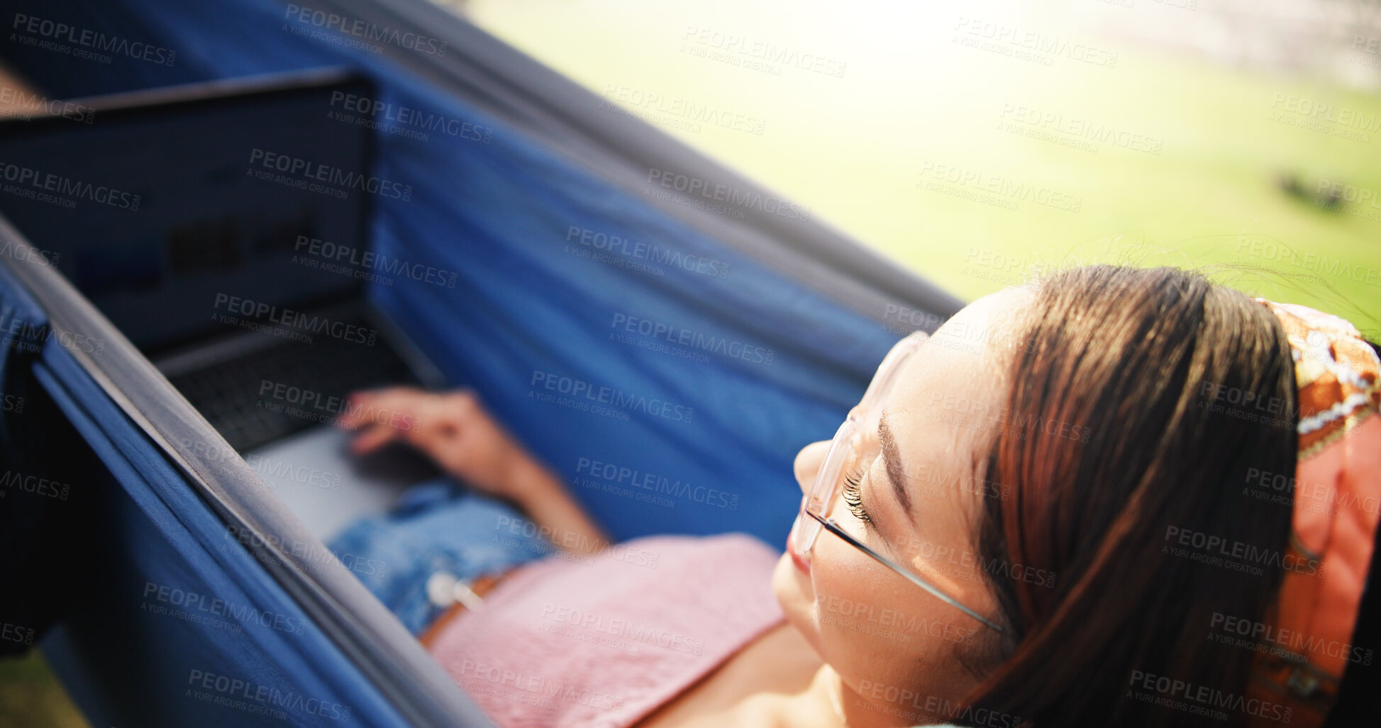 Buy stock photo Smile, woman and laptop with hammock outdoor for research, reading email and proofreading article. Journalist, remote work and PC for story planning, post schedule and information on news publication