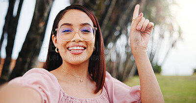 Buy stock photo Business woman, video call and portrait for POV, networking and speaking with contact. Smile, pointing and female consultant with greeting for vacation, talking and conversation with hand gesture