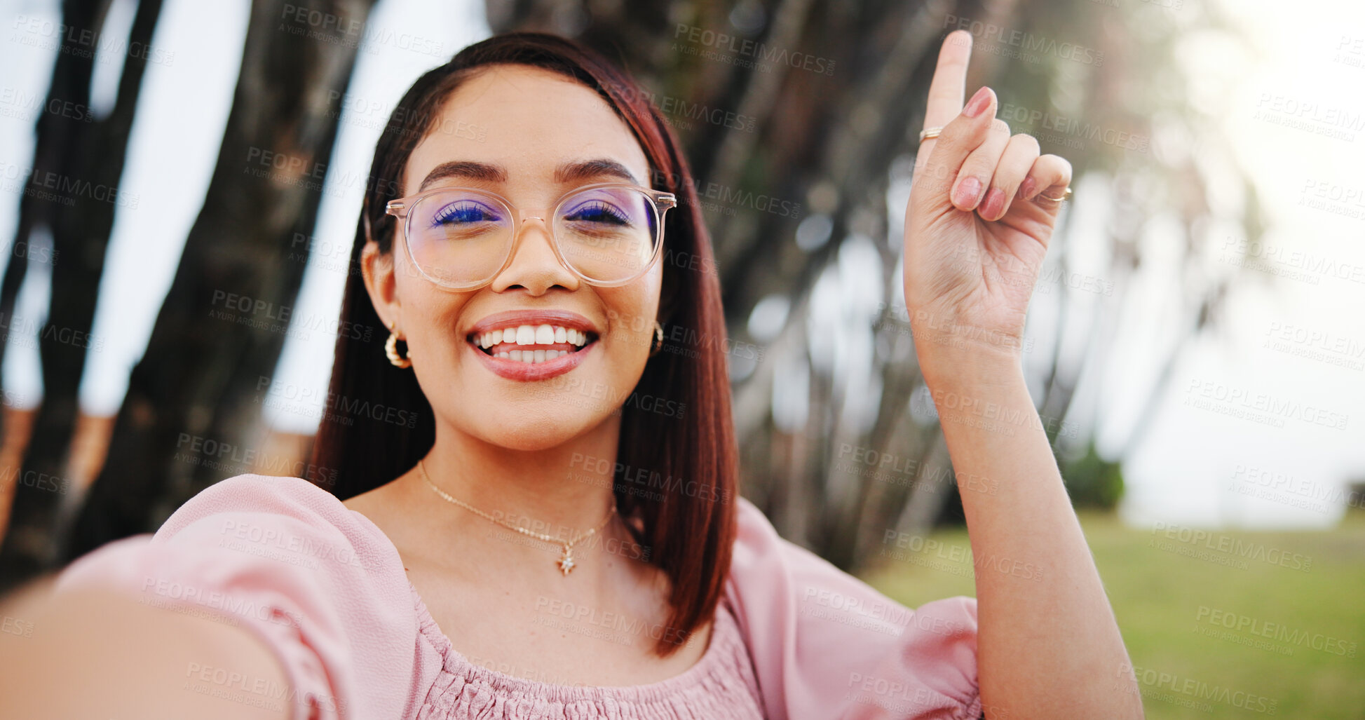 Buy stock photo Business woman, video call and portrait for POV, networking and speaking with contact. Smile, pointing and female consultant with greeting for vacation, talking and conversation with hand gesture