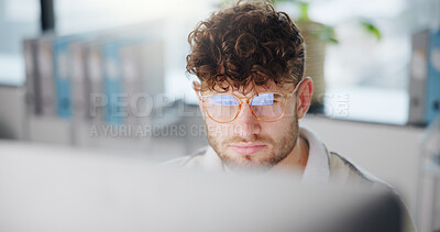 Buy stock photo Computer, glasses and businessman in office with research, reading or email for finance report. Technology, planning and financial advisor with investment proposal for company client in workplace.