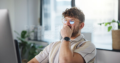 Buy stock photo Tired, yawn and business man on computer in office for web design, online project and research. Creative agency, professional and person with exhausted, fatigue and burnout for website UI on PC