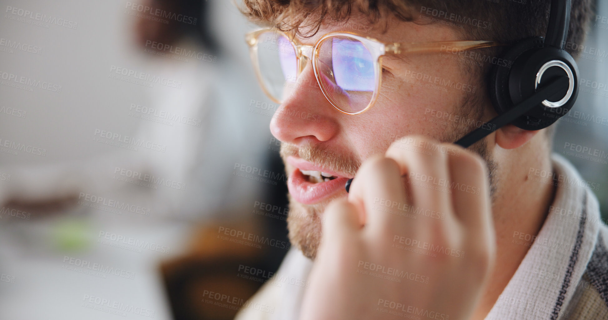Buy stock photo Call center, agent and man with headset, chat and communication with contact, talk or telemarketing. Online, representative and person with tech for lead generation, service or consultation for sales