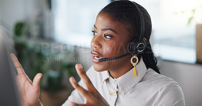 Buy stock photo Call center, talking and black woman in office with consultation, CRM or enquiry conversation. Headset, tech and African female customer service agent with online support for contact us in workplace.
