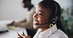 Call center, smile and black woman in office with consultation, crm or enquiry conversation. Headset, happy and African female customer service agent with online support for contact us in workplace.