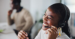Call center, laugh and black woman in office with consultation, crm or enquiry conversation. Headset, happy and African female customer service agent with online support for contact us in workplace.