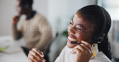 Buy stock photo Call center, laugh and black woman in office with consultation, crm or enquiry conversation. Headset, happy and African female customer service agent with online support for contact us in workplace.