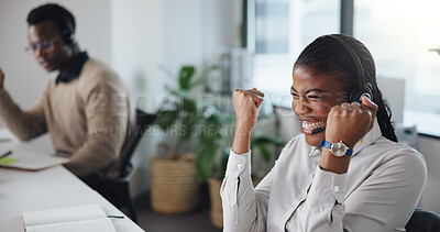 Buy stock photo Fist pump, call center and woman celebrate in office for online bonus, promotion and good news. Headset, African worker and happy person with target, sales goal and excited for customer support