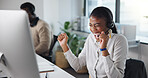 Fist pump, call center and woman celebrate on computer for online bonus, promotion and good news. Headset, corporate and happy worker on pc with target, sales goal and excited for customer support