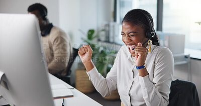 Buy stock photo Fist pump, call center and woman celebrate on computer for online bonus, promotion and good news. Headset, corporate and happy worker on pc with target, sales goal and excited for customer support