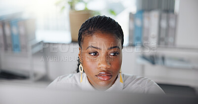 Buy stock photo Office, black woman and thinking with computer for reading, online information or fact check story. Workplace, business person and journalist with tech for editing process, blog review and research