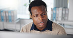 Black man, thinking and confused with computer, office and decision with review for article at company. African person, journalist or writer with feedback, story or stress with glitch at media agency