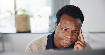 Buy stock photo Black man, thinking and stress with computer, office and 404 glitch with article review at company. African person, journalist or writer with mistake, story and frustrated with error at media agency