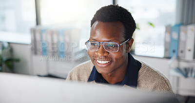 Buy stock photo Computer, glasses and black man in office with research, reading or email for finance report. Technology, planning and African financial advisor with investment proposal for client in workplace.