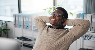 Buy stock photo Black man, happy or relax in office for finished project, audit approval or completed task. Computer, glasses or accountant stretching in agency with accomplished deadline, tax compliance or break