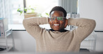Black man, smile or relax in office for finished project, audit approval or completed task. Computer, glasses or accountant stretching in agency with accomplished deadline, tax compliance or break