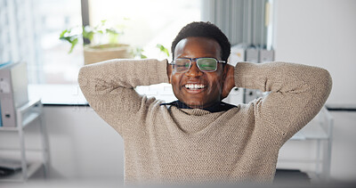 Buy stock photo Black man, smile or relax in office for finished project, audit approval or completed task. Computer, glasses or accountant stretching in agency with accomplished deadline, tax compliance or break