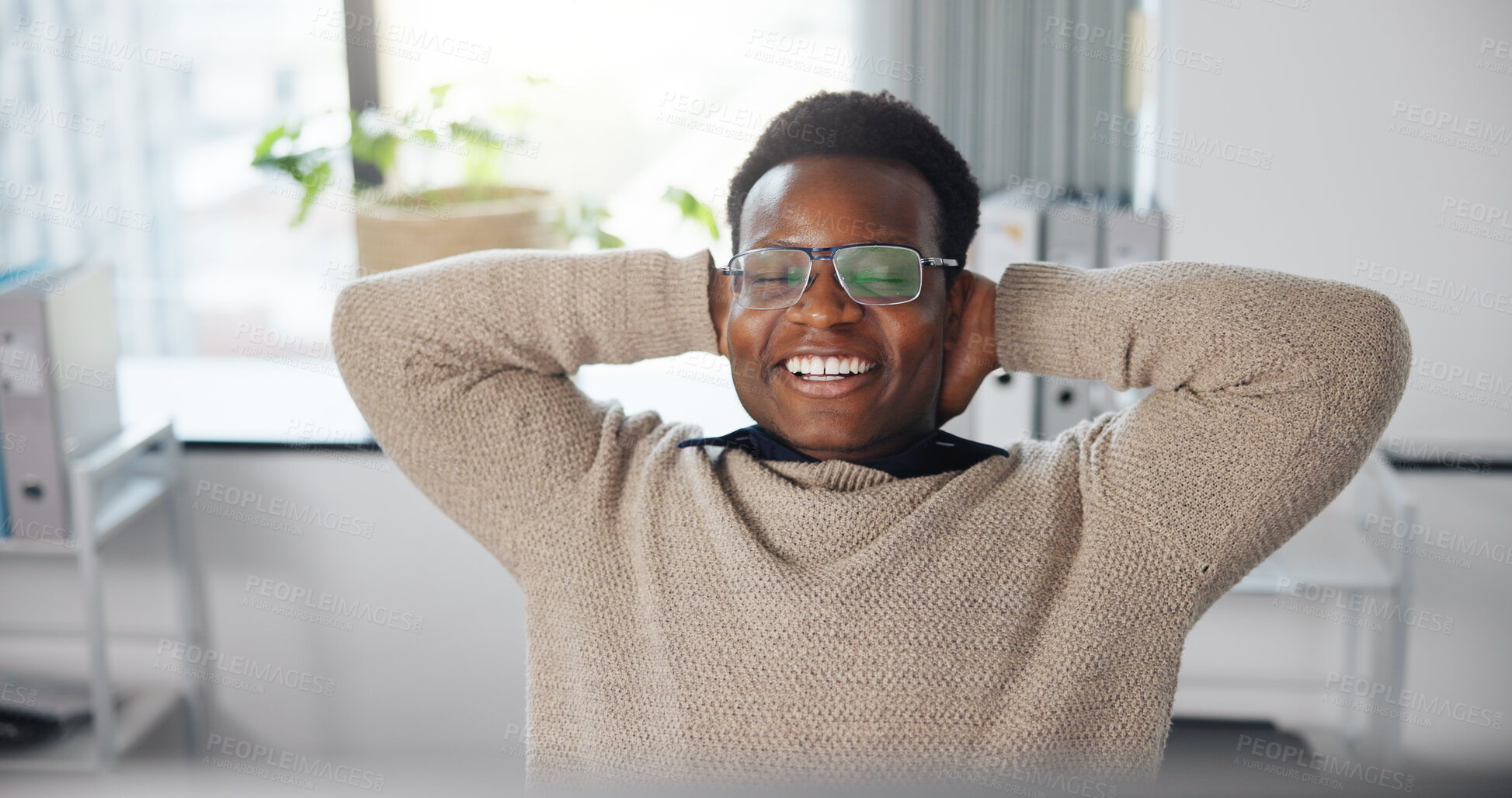 Buy stock photo Black man, smile or relax in office for finished project, audit approval or completed task. Computer, glasses or accountant stretching in agency with accomplished deadline, tax compliance or break