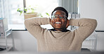 Black man, happy or stretching in office for finished project, audit approval or completed task. Computer, glasses or accountant relax in agency with accomplished deadline, tax compliance or break
