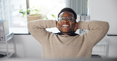 Buy stock photo Black man, happy or stretching in office for finished project, audit approval or completed task. Computer, glasses or accountant relax in agency with accomplished deadline, tax compliance or break