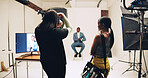 Camera, photography and shooting with people in studio business headshot, about us and profile picture. Professional branding, resume photoshoot and behind the scenes with man on set for production