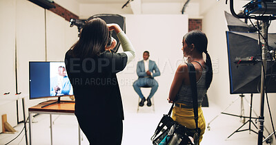 Buy stock photo Camera, photography and shooting with people in studio business headshot, about us and profile picture. Professional branding, resume photoshoot and behind the scenes with man on set for production