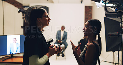 Buy stock photo Planning, photography and shooting with people in studio business headshot, about us and profile picture. Professional branding, resume photoshoot and behind the scenes with man on set for production