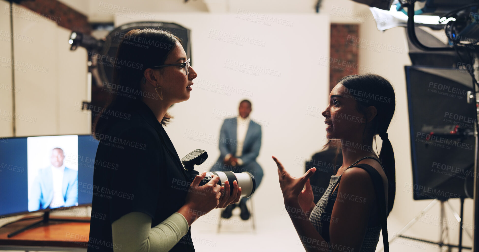 Buy stock photo Planning, photography and shooting with people in studio business headshot, about us and profile picture. Professional branding, resume photoshoot and behind the scenes with man on set for production