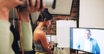 Computer, photographer and woman in studio to check results for editing, selection and process. Photography, creative and person with male model on screen for post production, planning and design