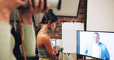 Buy stock photo Computer, photographer and woman in studio to check results for editing, selection and process. Photography, creative and person with male model on screen for post production, planning and design