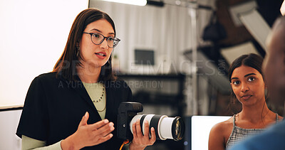 Buy stock photo Women, photographer and planning with model for photoshoot, direction and backstage. People, technology and camera for filming production, videography and photography internship for digital agency