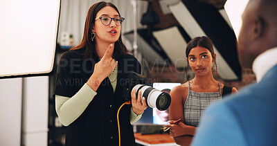 Buy stock photo Women, photographer or direction with model for photoshoot, planning or behind the scene. People, technology or camera for filming production, videography or photography internship for digital agency