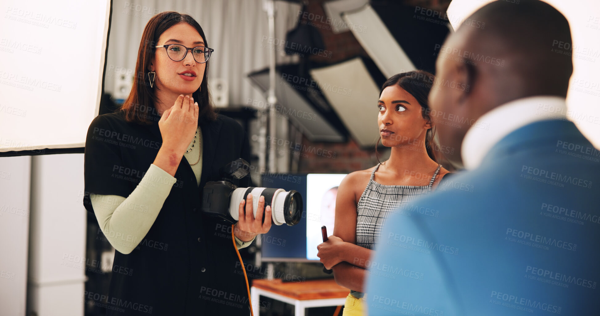 Buy stock photo People, photographer and direction with model for photoshoot, planning and backstage. Women, technology and camera for filming production, videography and photography internship for digital agency
