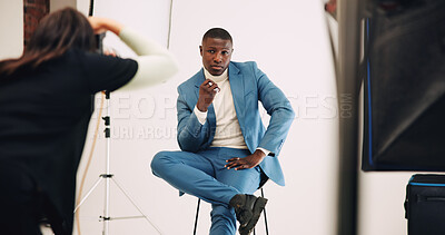 Buy stock photo Model, photography and photoshoot with man in studio business fashion, about us and profile picture. Professional branding, style shooting and behind the scenes with people on set for production