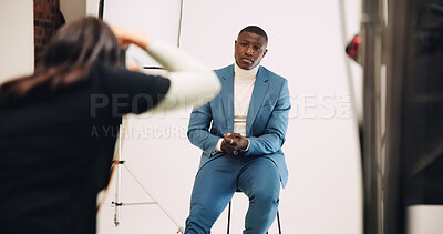 Buy stock photo Model, photography and production with man in studio business headshot, about us and profile picture. Professional branding, resume shooting and behind the scenes with people on set for photoshoot